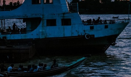 A boat on the Yangon River in Yangon, Myanmar.